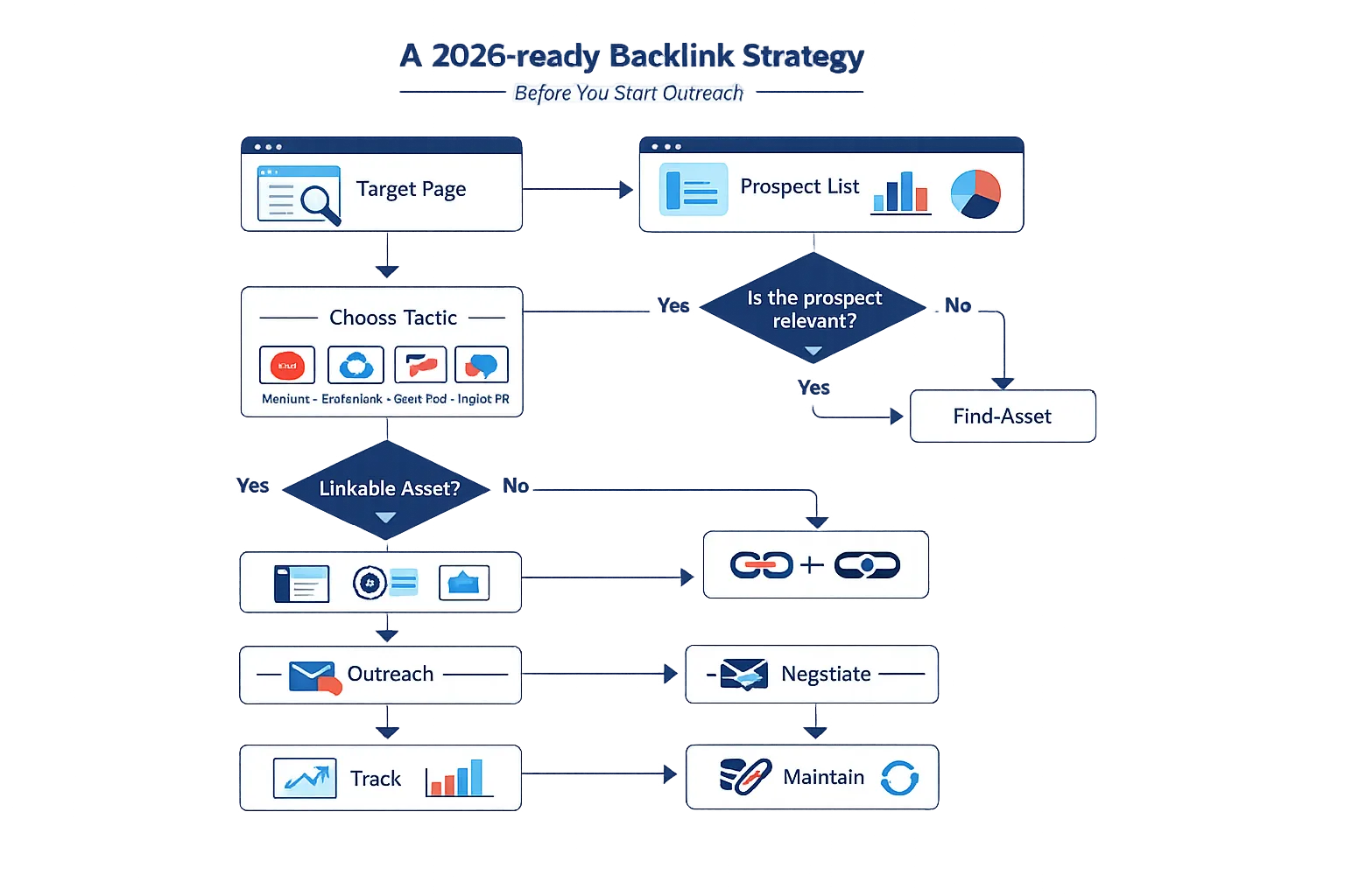 Flowchart of a white-hat backlink building process from choosing a page to tracking and maintaining links