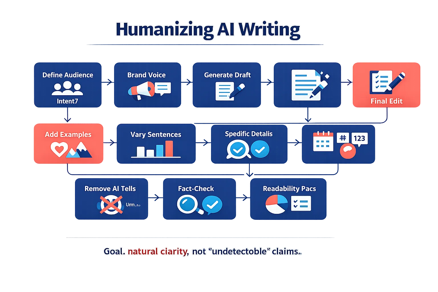 Flowchart of a 10-step process to turn an AI draft into natural, human-sounding copy