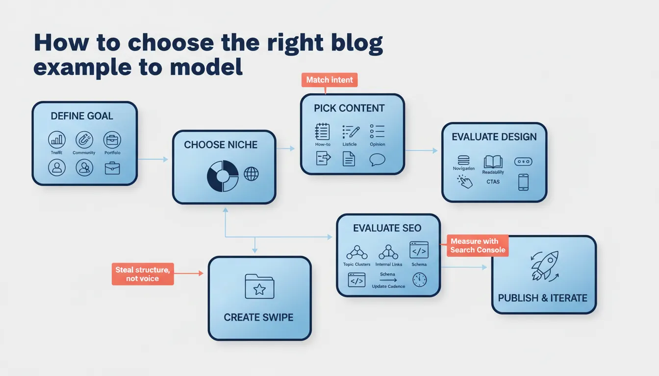Flowchart showing a step-by-step process for choosing blog examples to model without copying.