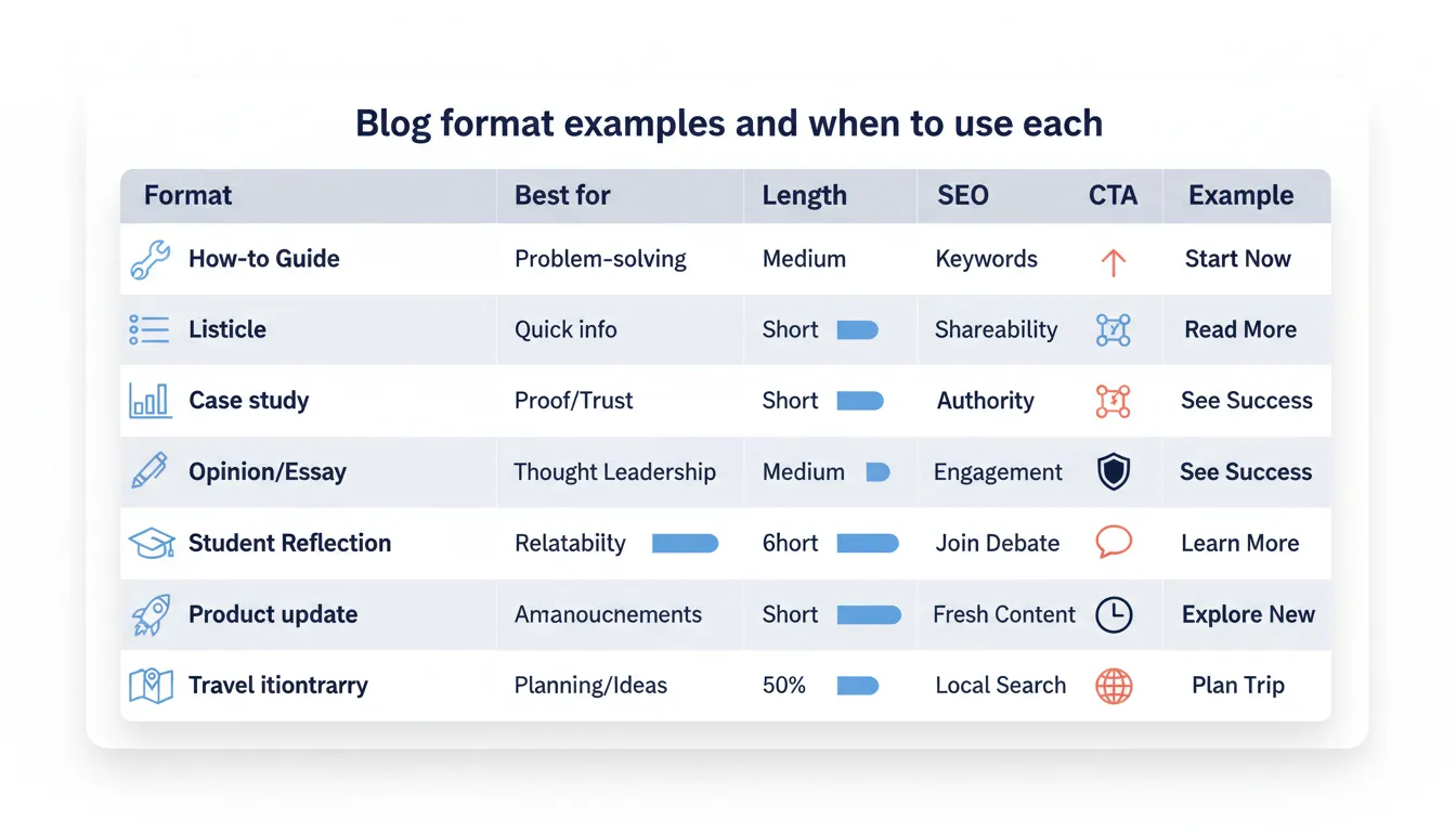 Comparison chart of common blog post formats, what they are best for, and their SEO advantages.