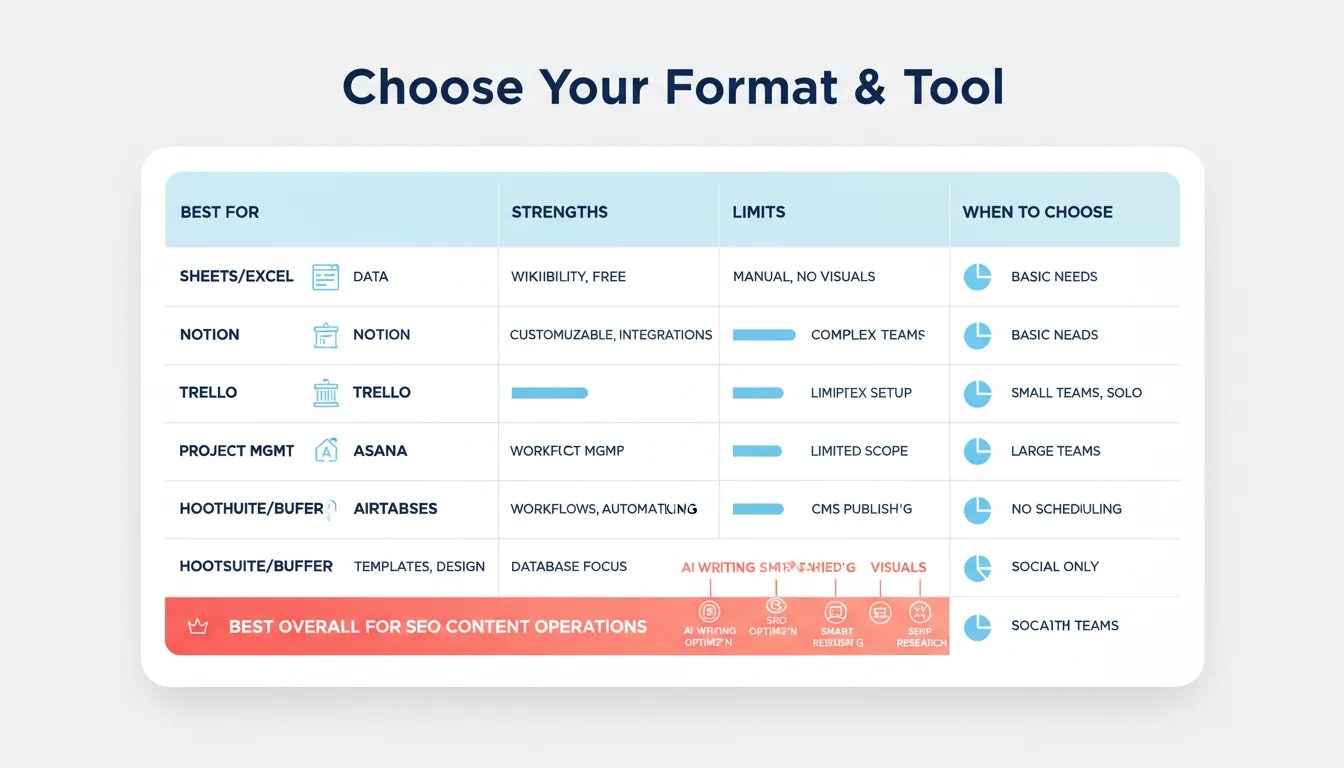 Comparison chart of content calendar tools including Sheets, Notion, Airtable, Asana, Canva, Hootsuite, Buffer, and Supawriter.