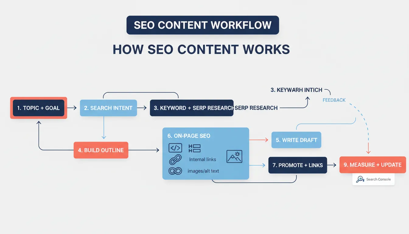 Flowchart of the SEO content workflow from intent research to publishing, measuring, and updating.