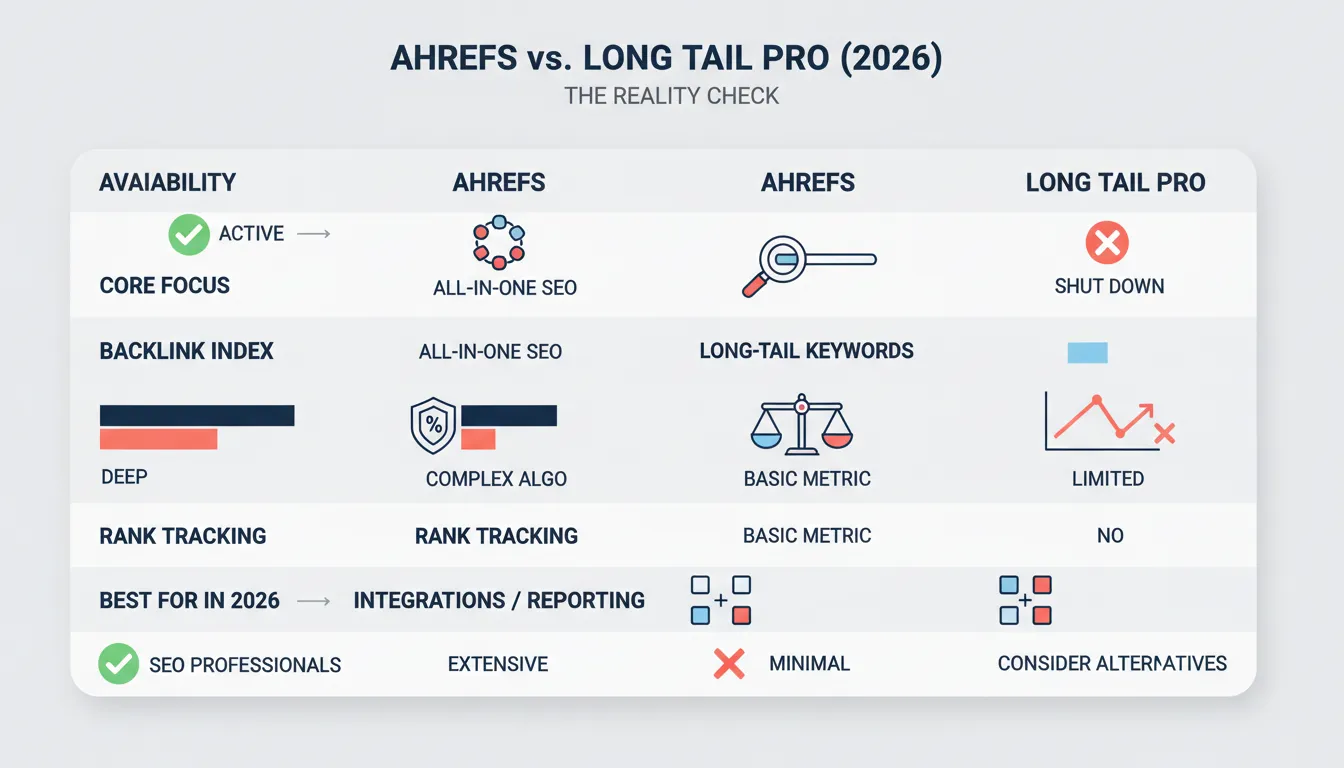 Infographic comparing Ahrefs and Long Tail Pro features and 2026 availability side by side.
