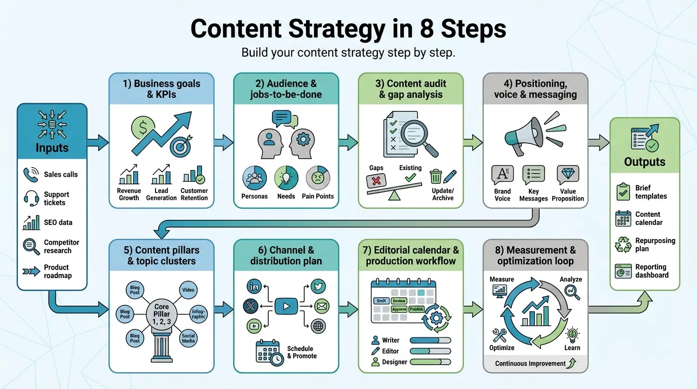Flowchart showing an 8-step process for building a content strategy from goals and audience research through planning, publishing, and optimization.