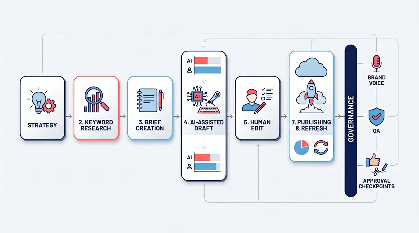 Flowchart of a scalable content production workflow from strategy to publishing with governance checkpoints