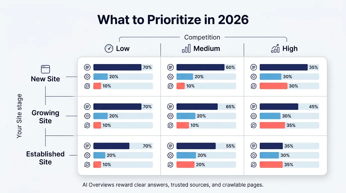 Decision matrix showing when to prioritize on-page, off-page, and technical SEO by site stage and keyword competition