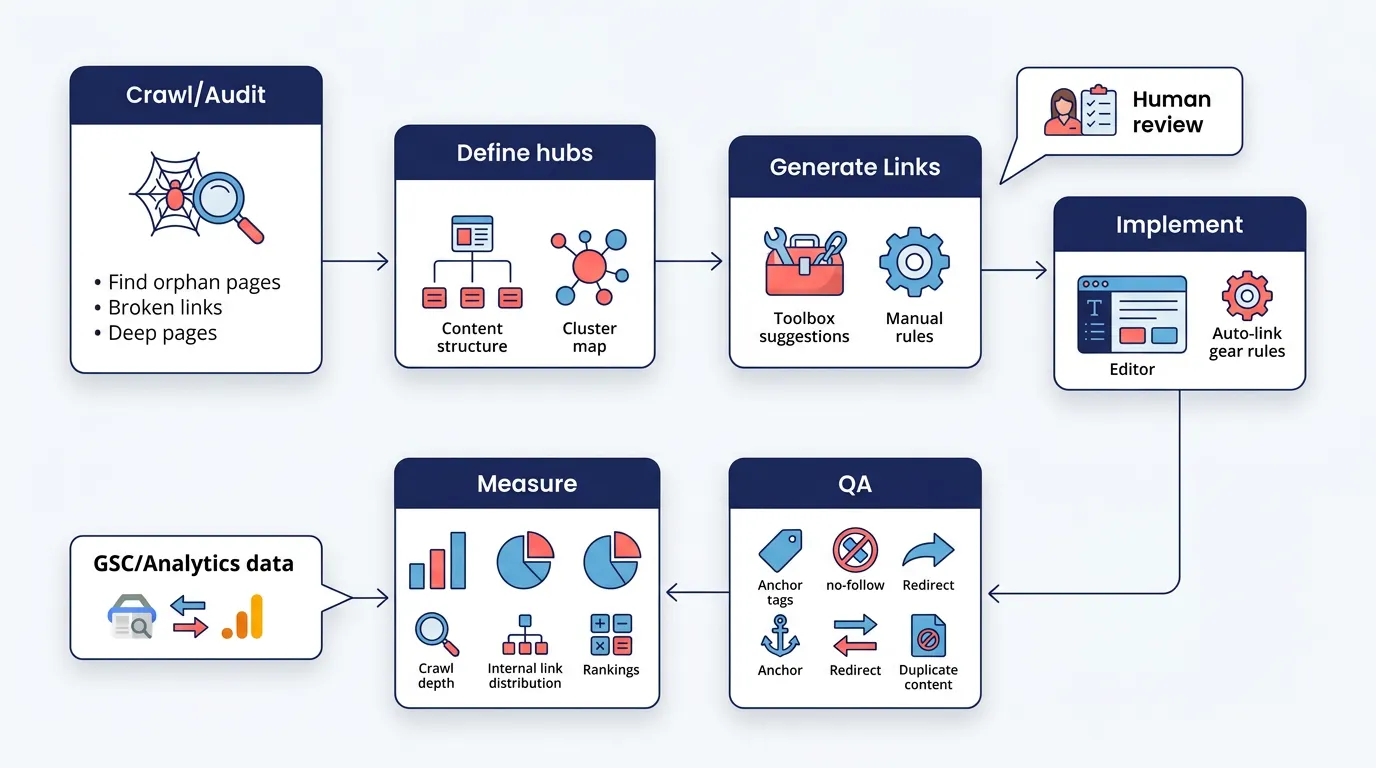 Flowchart of an internal linking workflow from audit to implementation and measurement.
