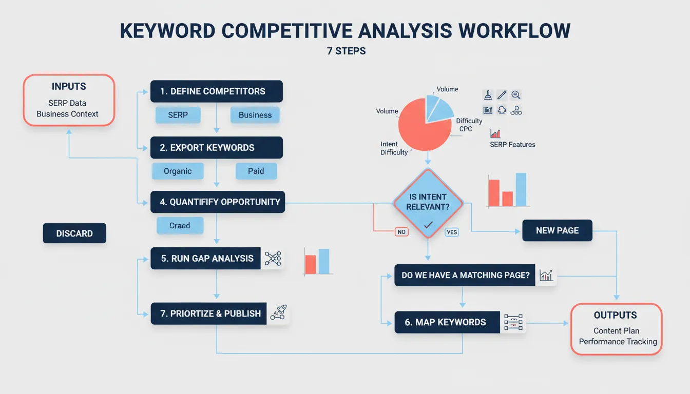 Flowchart of a 7-step keyword competitive analysis process from competitor discovery to prioritization and tracking