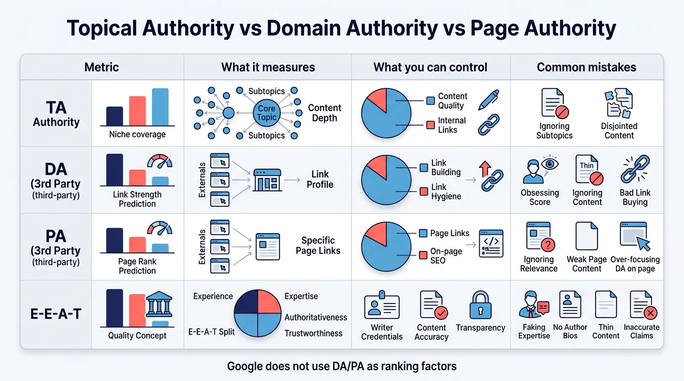 Comparison chart contrasting topical authority with domain authority, page authority, and E-E-A-T
