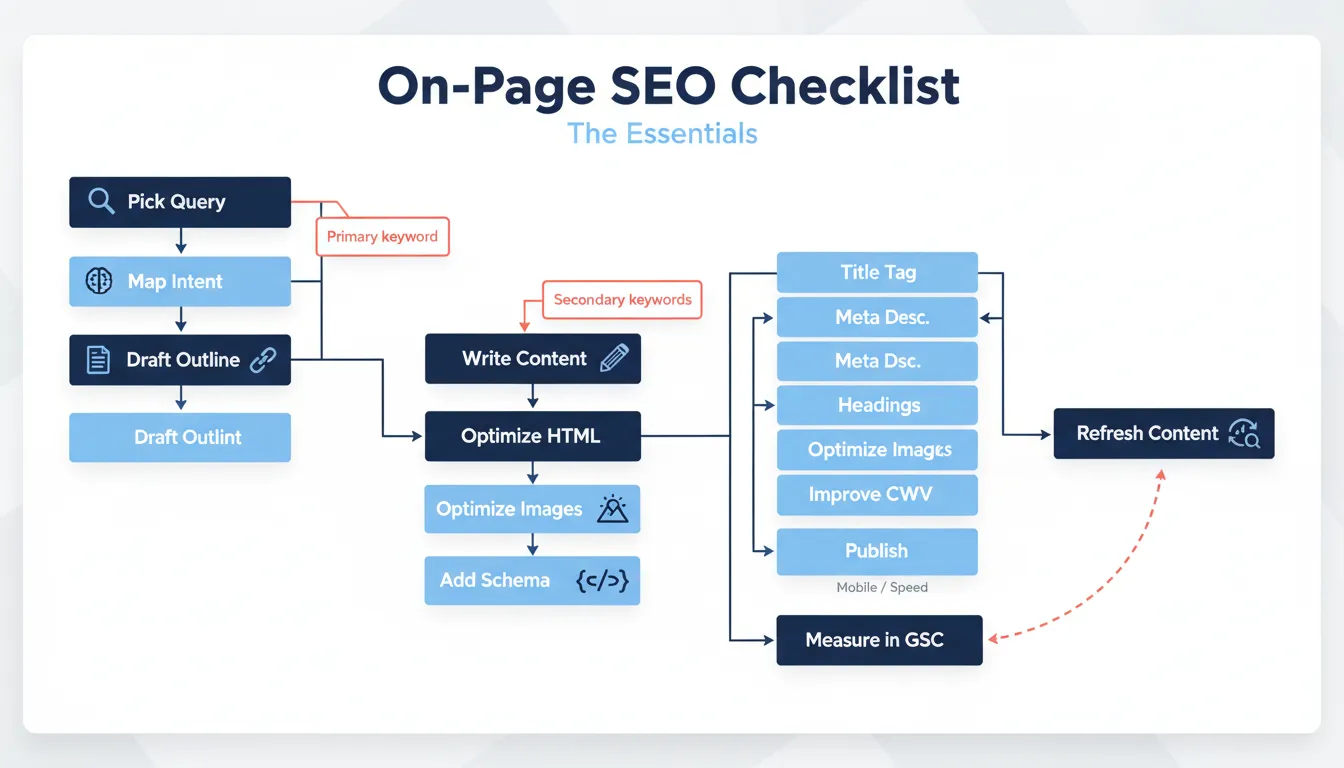 Flowchart of a step-by-step on-page SEO workflow from intent research to publishing and refreshing.