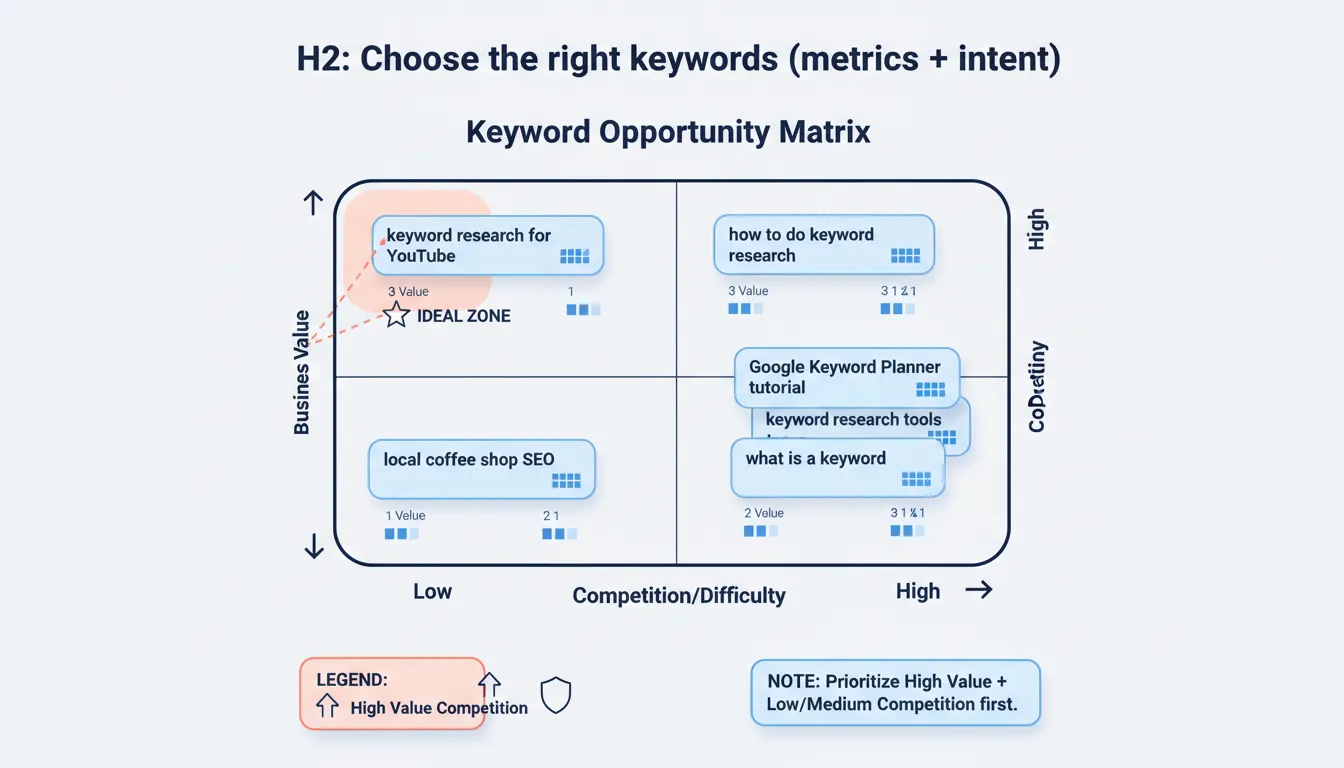 Keyword opportunity matrix comparing business value vs competition with example keyword bubbles