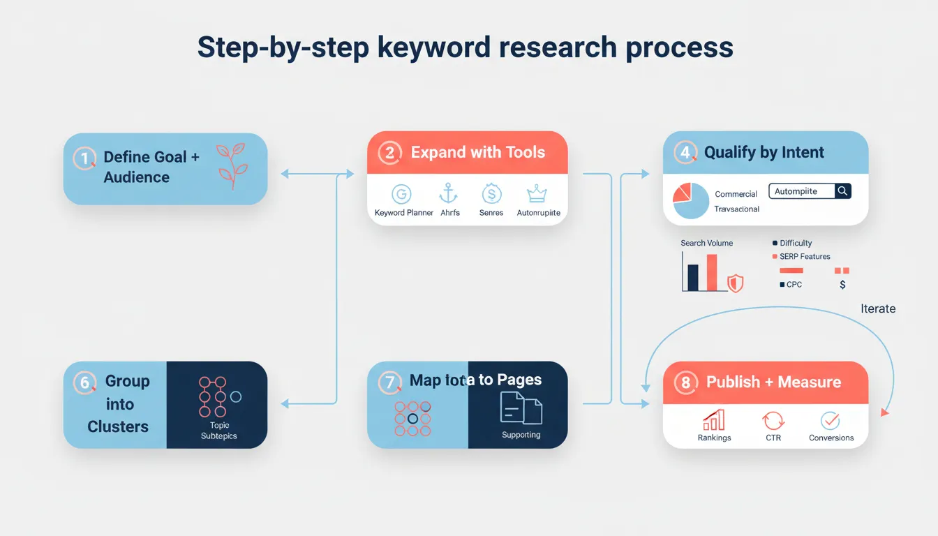 Flowchart of the keyword research process from seed keywords to clustering, content creation, and iteration