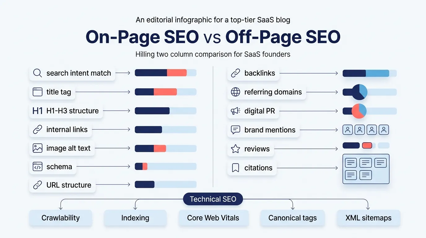 Infographic comparing on-page SEO, off-page SEO, and technical SEO factors for SaaS websites
