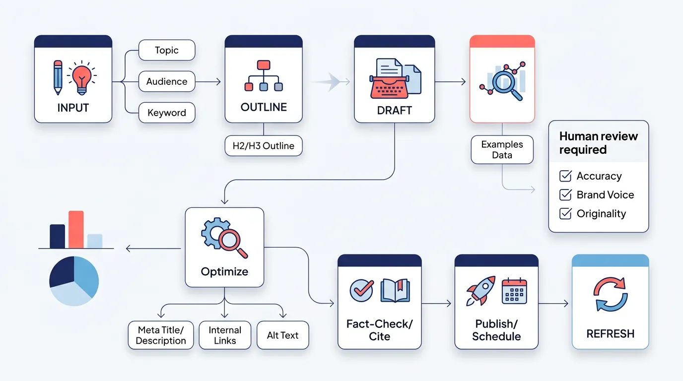 Flowchart of the blog post generator workflow from prompt to publish with human review checkpoints