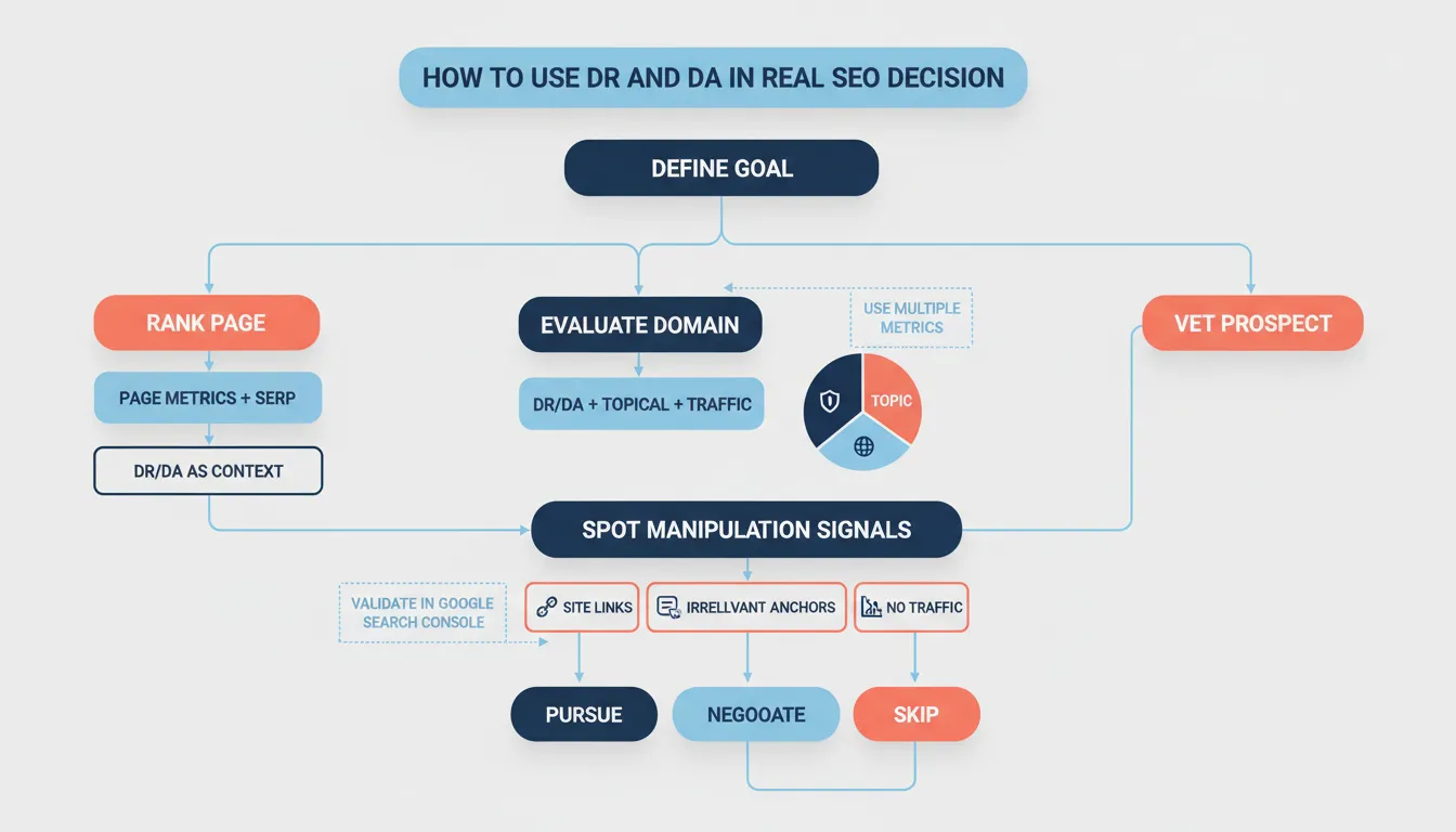 Flowchart showing a practical process for using DR and DA in SEO decisions