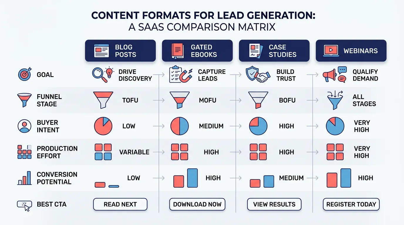 Comparison chart of blog posts, gated ebooks, case studies, and webinars for lead generation strategy.