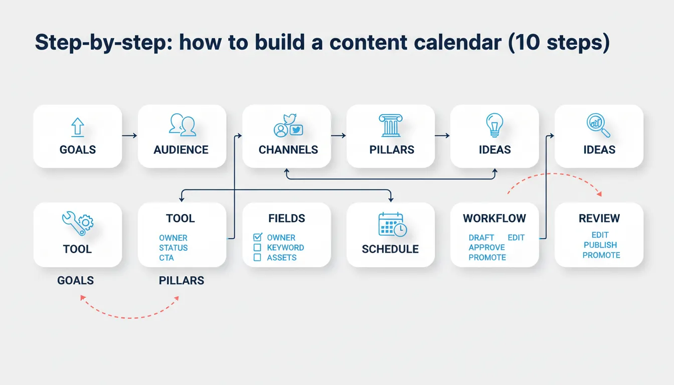 Flowchart of a 10-step process for building a content calendar with a review feedback loop.