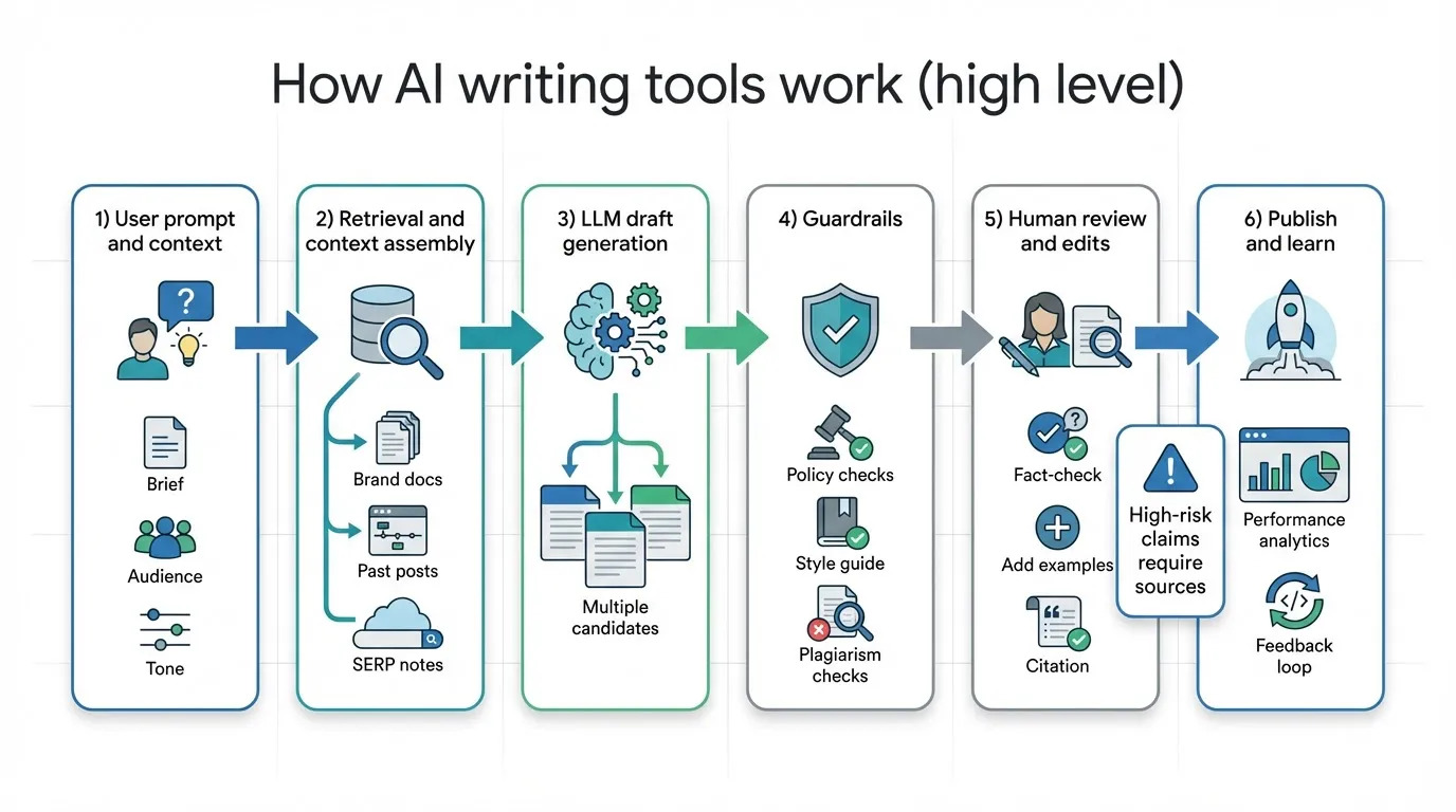 Flowchart showing the steps an AI writing tool uses to turn a prompt into a publish-ready draft with review and feedback.
