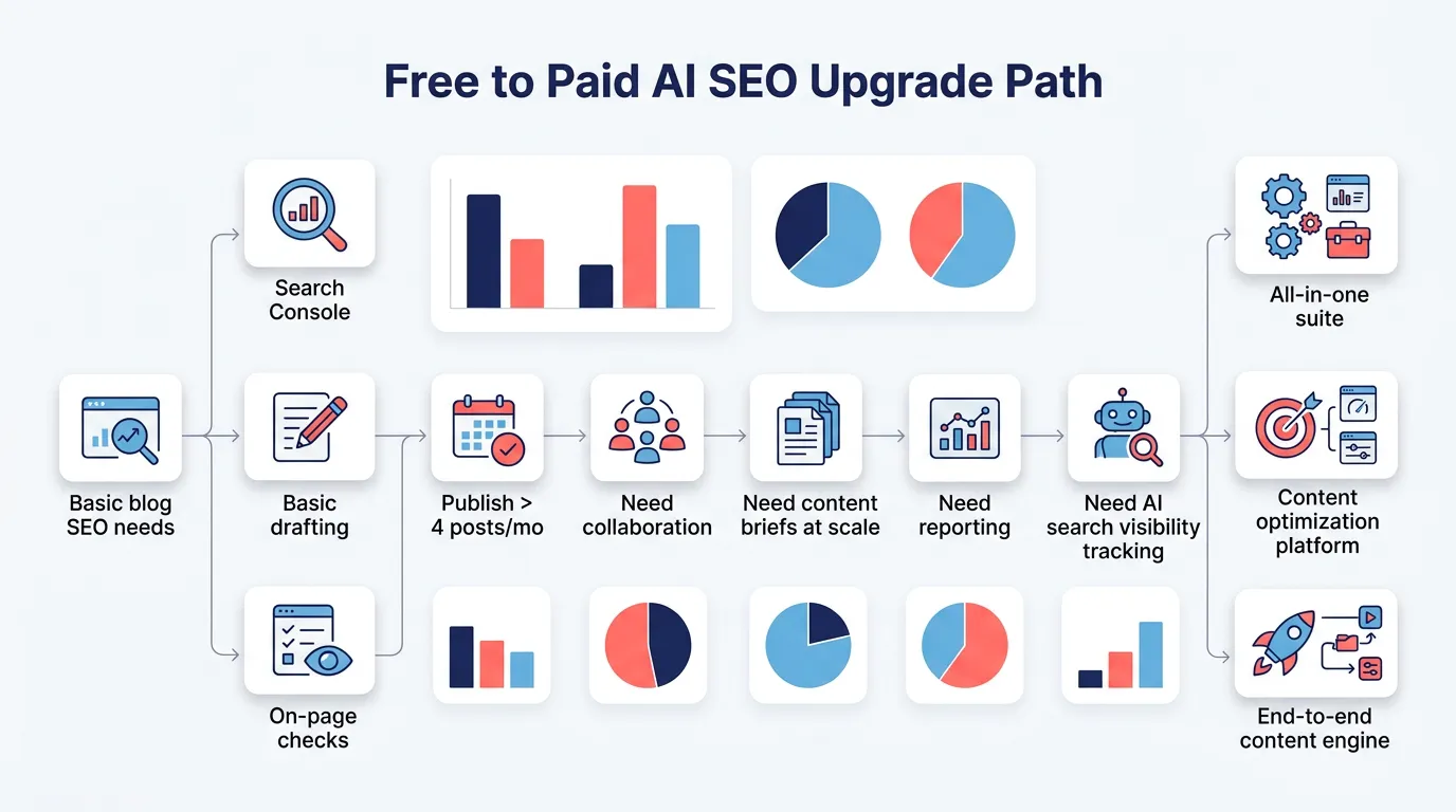 Flowchart showing when a team should stay on free AI SEO tools and when to upgrade to paid platforms.