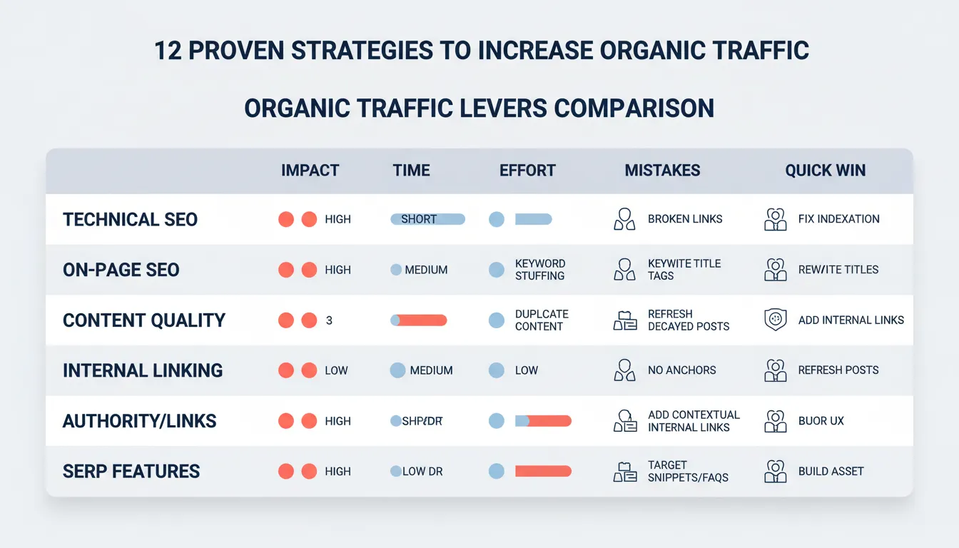 Comparison matrix of the main SEO levers that increase organic traffic, showing impact, time to results, effort, mistakes, and quick wins.