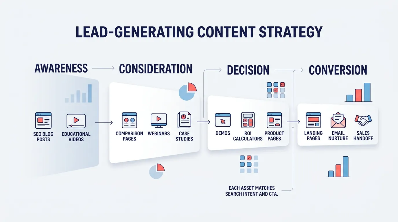 Flowchart showing a lead generation content funnel from awareness to conversion with content types at each stage.