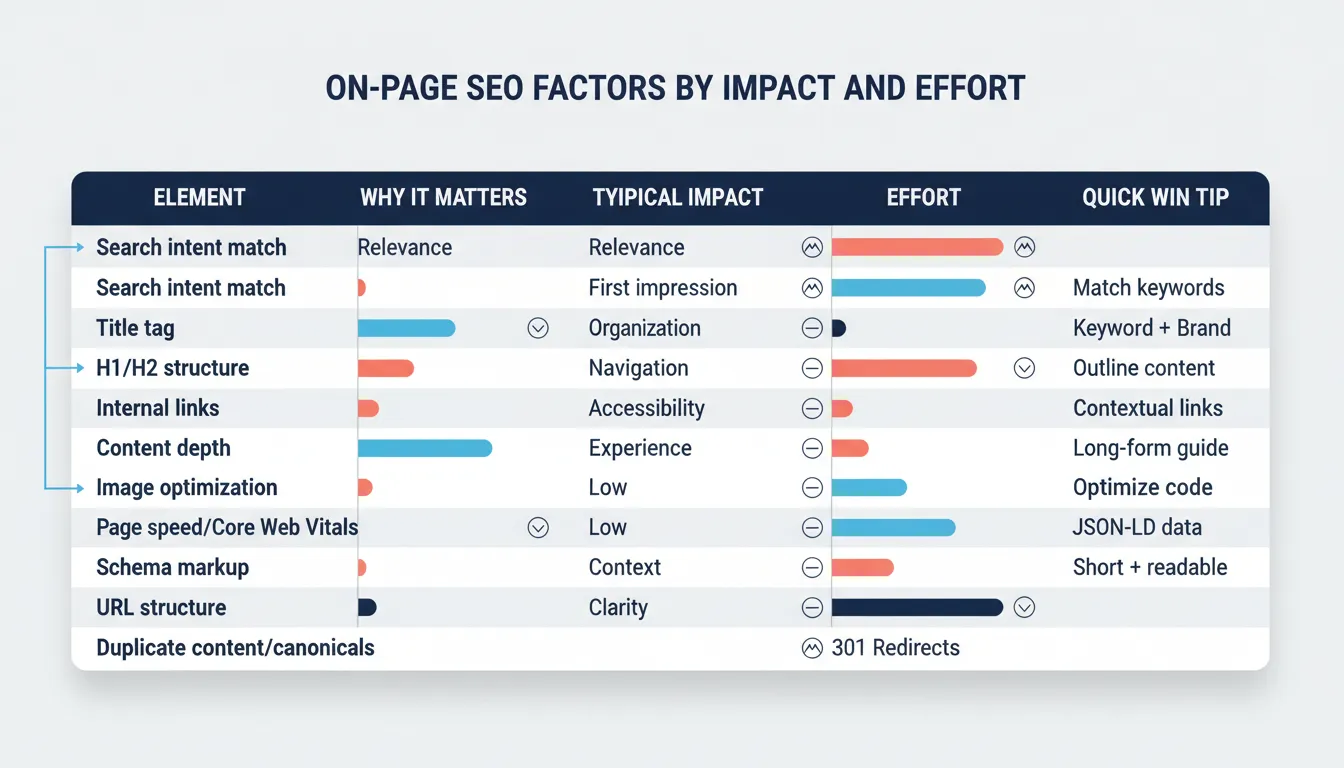 Infographic comparing key on-page SEO factors by impact, effort, and quick-win tips.