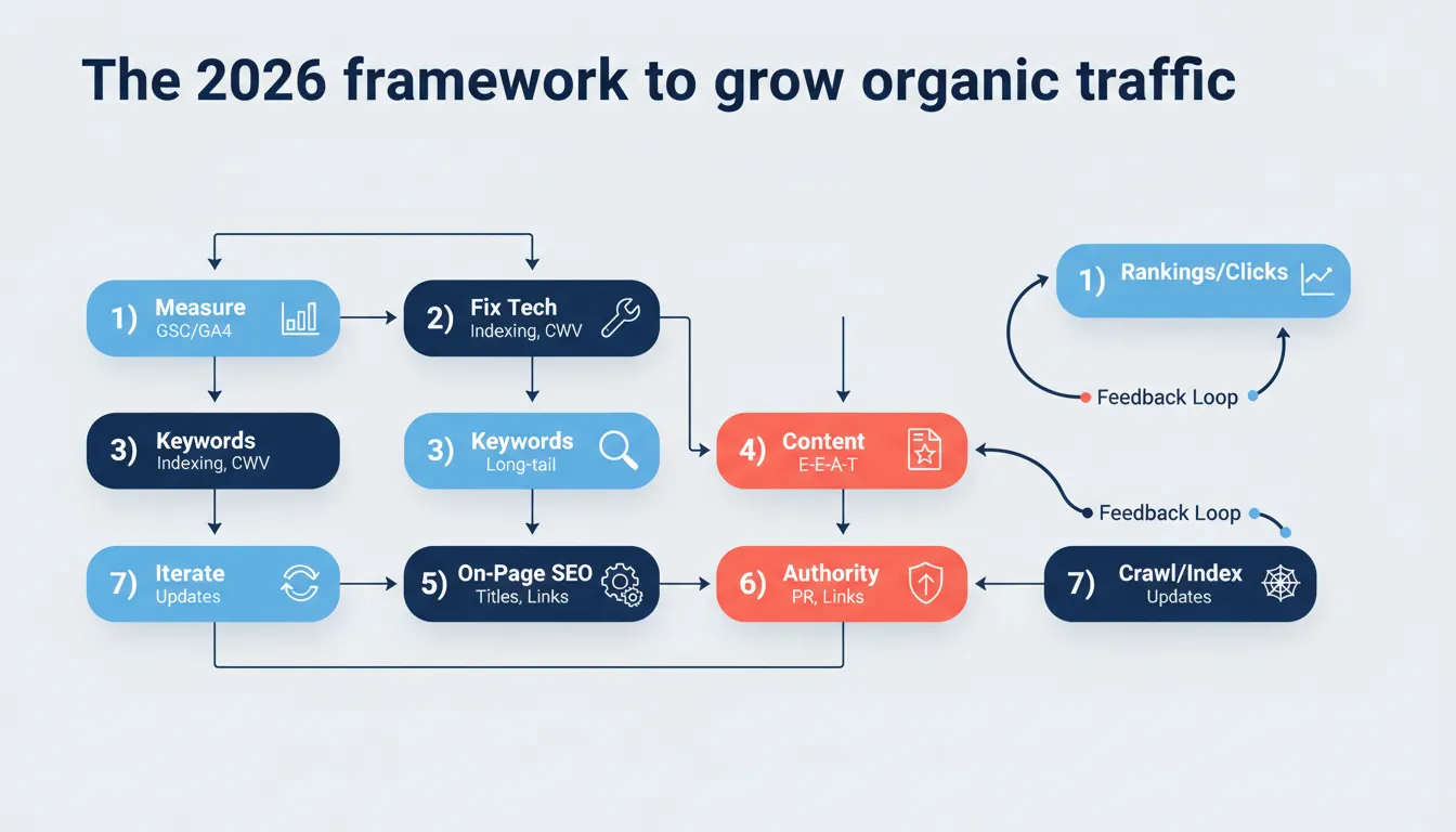 Flowchart of the 7-step framework to grow organic traffic in 2026, from measurement and technical fixes to content creation, on-page SEO, authority, and iteration.