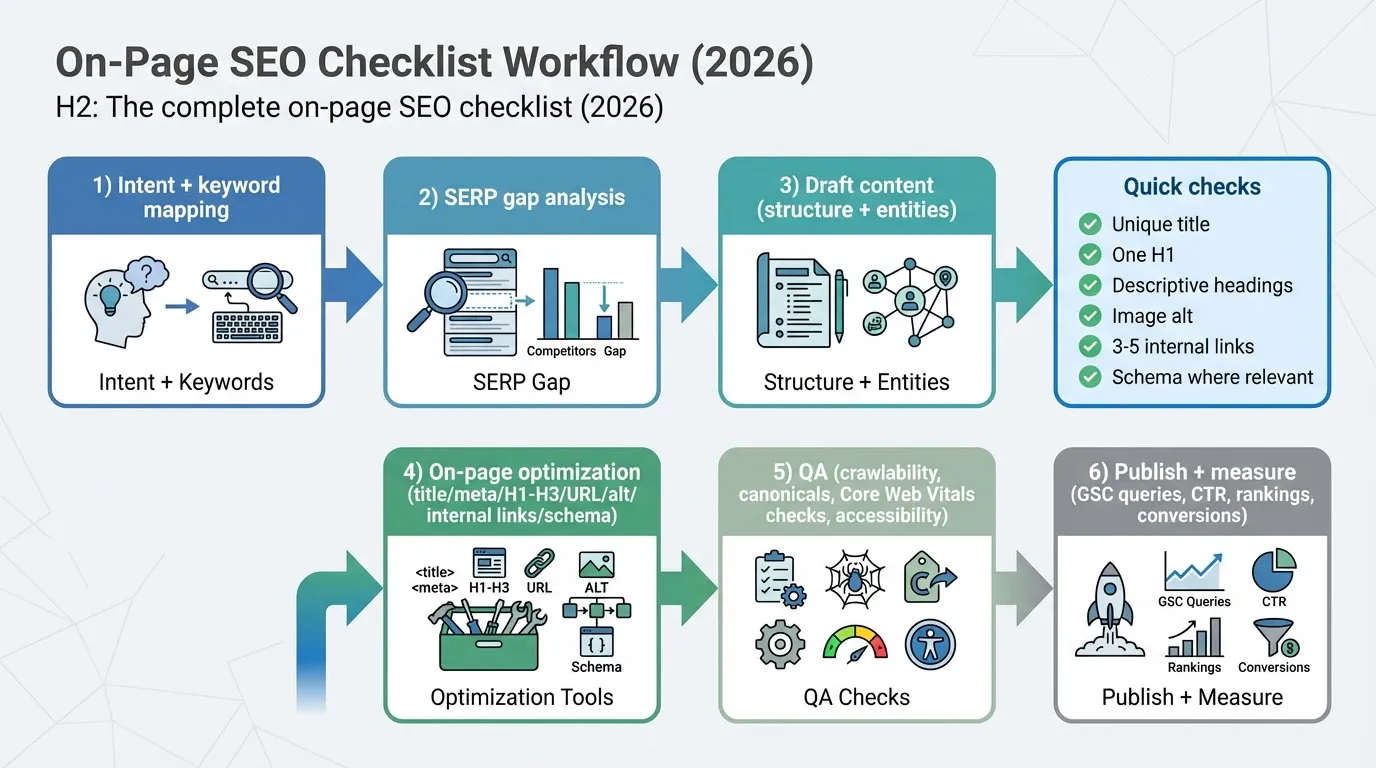 Flowchart showing a 6-step on-page SEO checklist workflow from keyword intent to publishing and measurement.