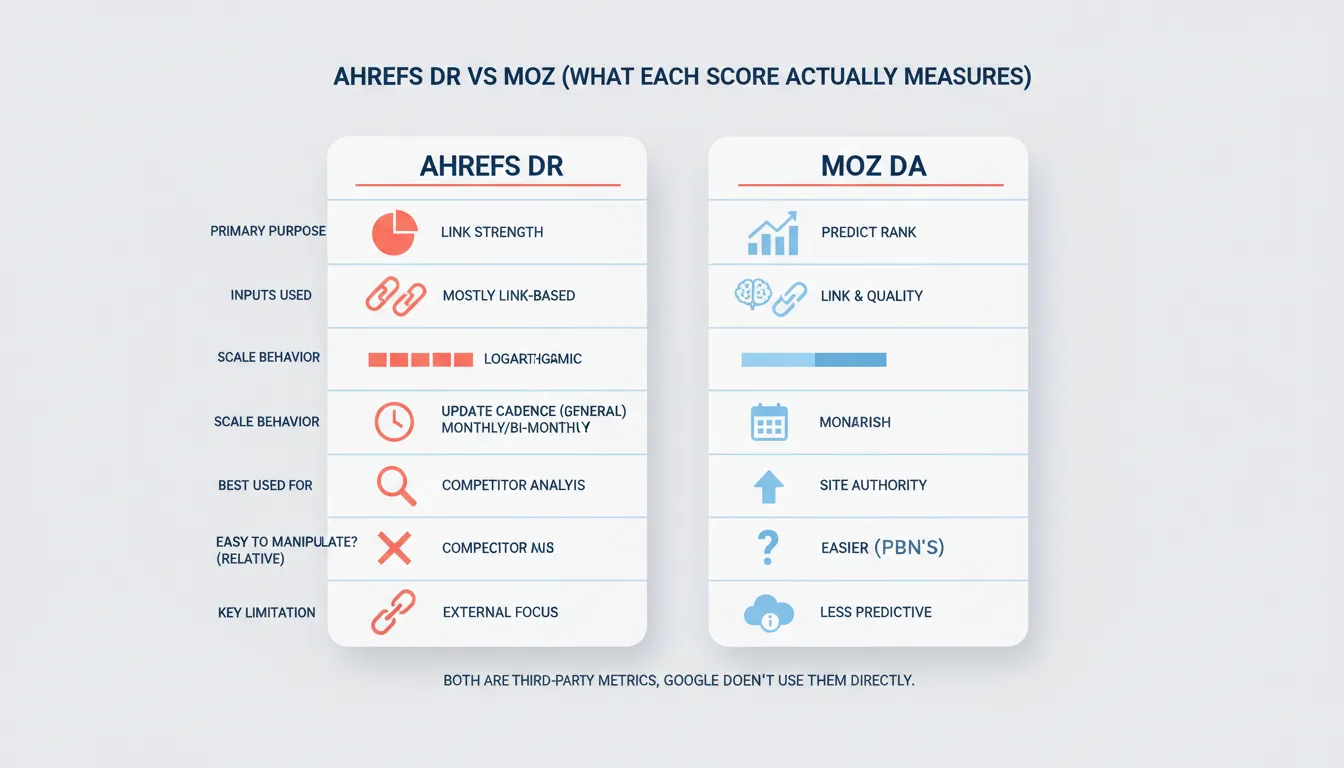 Infographic comparing what Ahrefs Domain Rating and Moz Domain Authority measure and how to use them